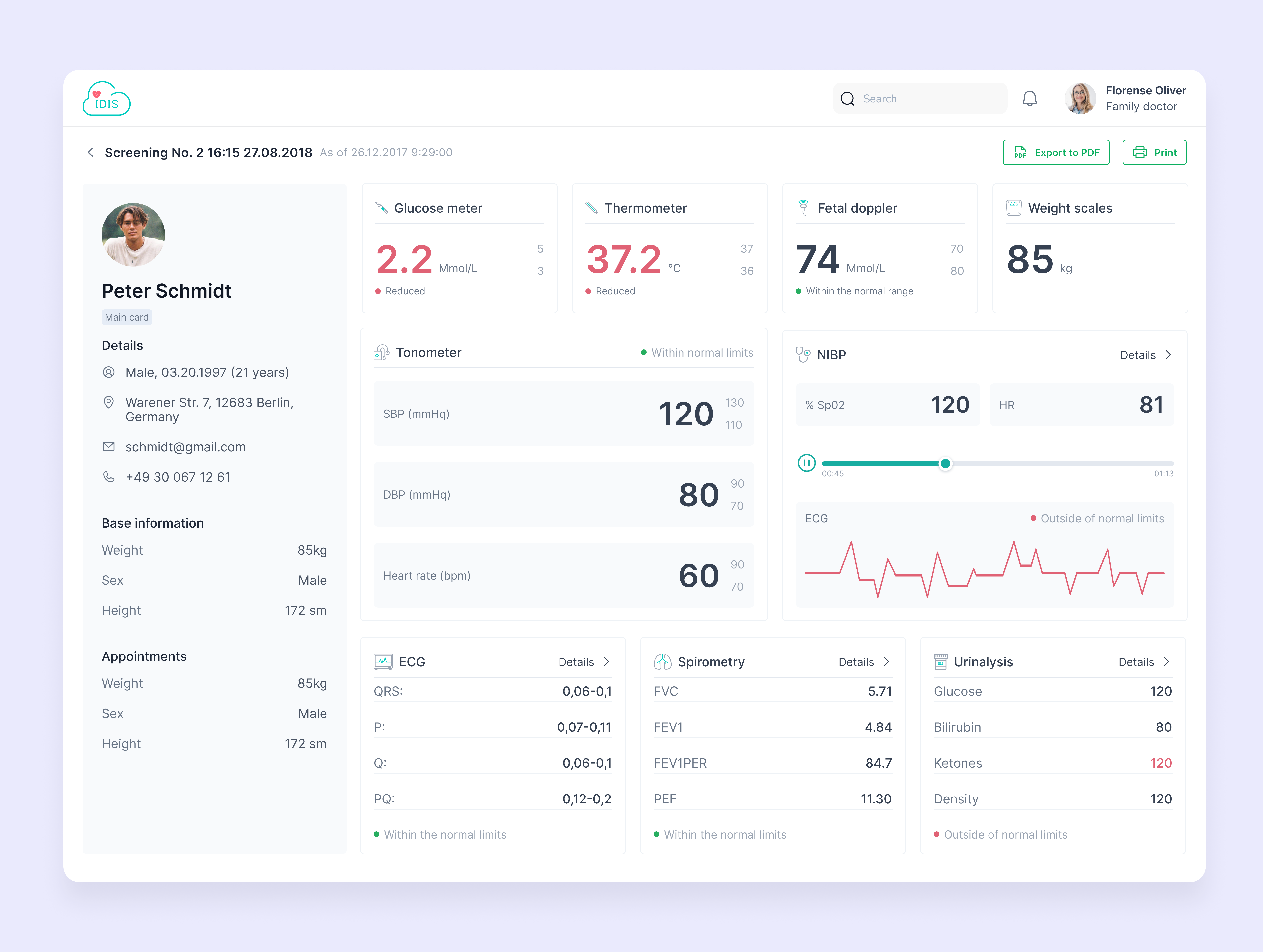 Health information appointments dashboard details doctor ecg export family glucose i health height idis male print search sergushkin sex tonometer urinalysis weight