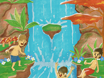 WaterFall and Swim Moment Kids Illustration cartoon children book children book story colouring book friend fullcolour handdrawing holiday illustration kids illustration nature outdoor activity playing procreate recreation river swimming activity waterfall