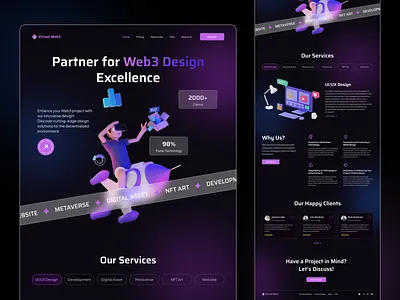 Web3 Design Agency Website Landing Page 3d agency crypto cryptocurrency design design agency development glassmorphism gradient illustration landing page nft purple ui ui design ui ux ux web web3 web3 agency