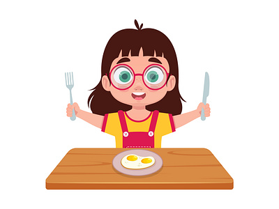 Cute girl eating breakfast breakfast cartoon character child eggs element flat girl graphic design motion graphics scrambled eggs vector white background