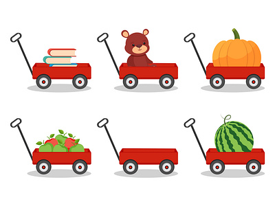 6 illustrations of a red cart apples baby trolley cartoon clipart element empty fruit graphic design illustration isolated pumpkin red red trolley teddy bear toy transport cargo transportation trolley vegetables watermelon