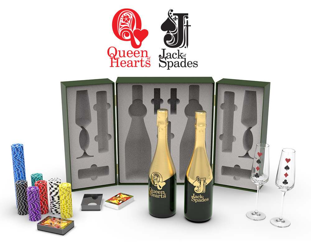 Queen of Hearts & Jack of Spades Sparkling Wine 3d 3d interior 3d modeling beirut bottle design brand identity branding casino champagne gift box interior design lebanon package design packaging poker