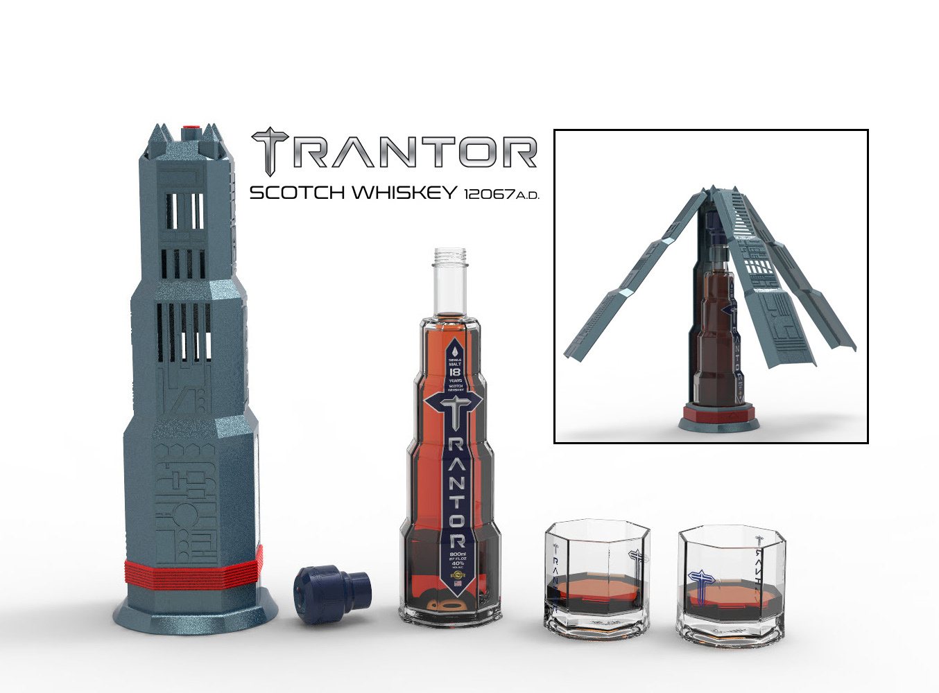 Trantor: 18 Years Scotch Whiskey 3d 3d design 3d modeling alcohol architecture bottle design brand identity branding building engineering liquor mechanical package design packaging science fiction whiskey whisky