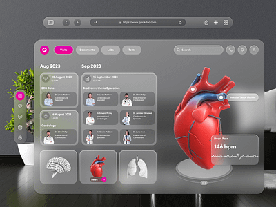 Quickdoc - Health Spatial UI app concept apple augmented reality design figma glassmorphism healthcare product ios medicine modern product spatial design spatial ui ui ux virtual reality vision os vision os design vision pro visual design