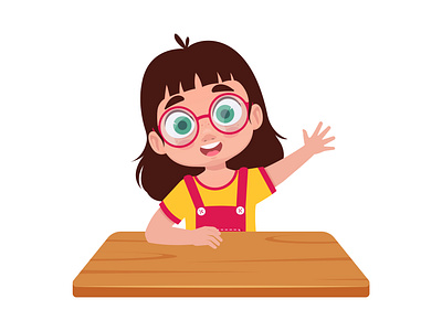 The child raises his hand to ask animation answer at schoo character child design desk element explanation girl glasses graphic design graphics hand up illustration lesson motion graphics question sticker vector