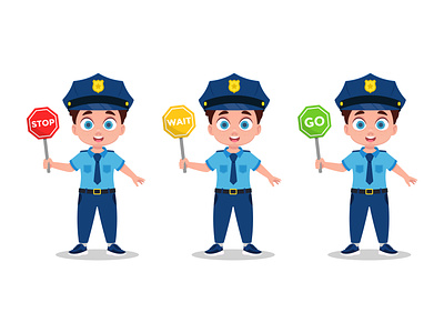Boy in police uniform and holding a sign animation boy child element go illustration isolated officer police police cap police cartoon police office police tag police uniform profession road signs service stop sign traffic police waiting sign
