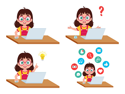 Girl working on laptop online learning character child childrens cartoon clipart computer education element entertainment girl graphic design have an idea illustration laptop lessons looking for an answer online learning programmer social medi student work
