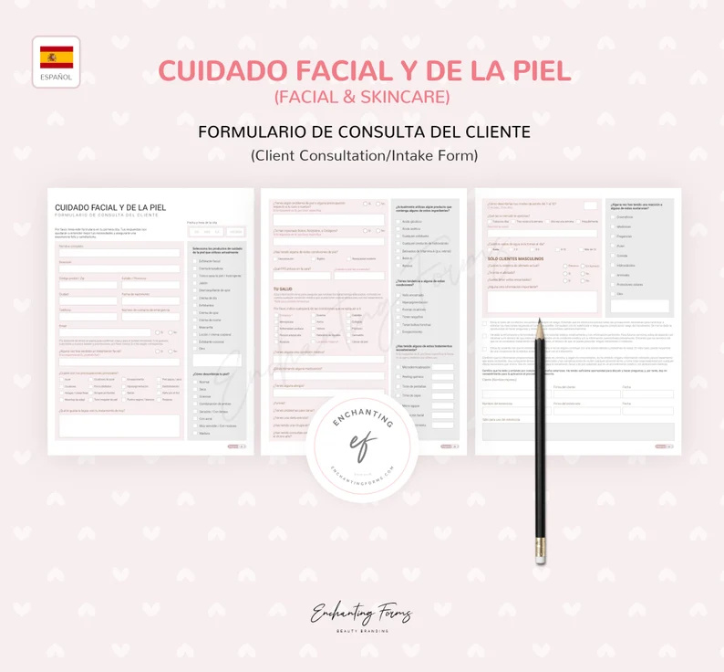SPANISH (ESPAÑOL) Facial Skincare Forms client treatment record skincare guides and routine