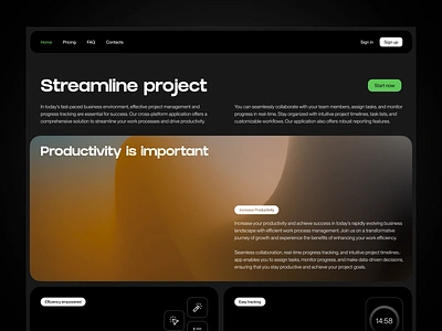 Project management app app dark theme design home screen landing product page project management ui uiux ux