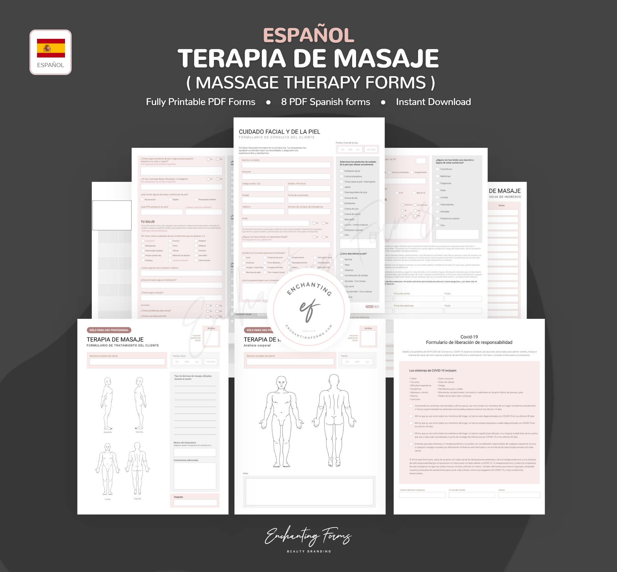 SPANISH (ESPAÑOL) Massage Therapy Consultation & Consent Forms client intake treatment sheets covid 19 liability
