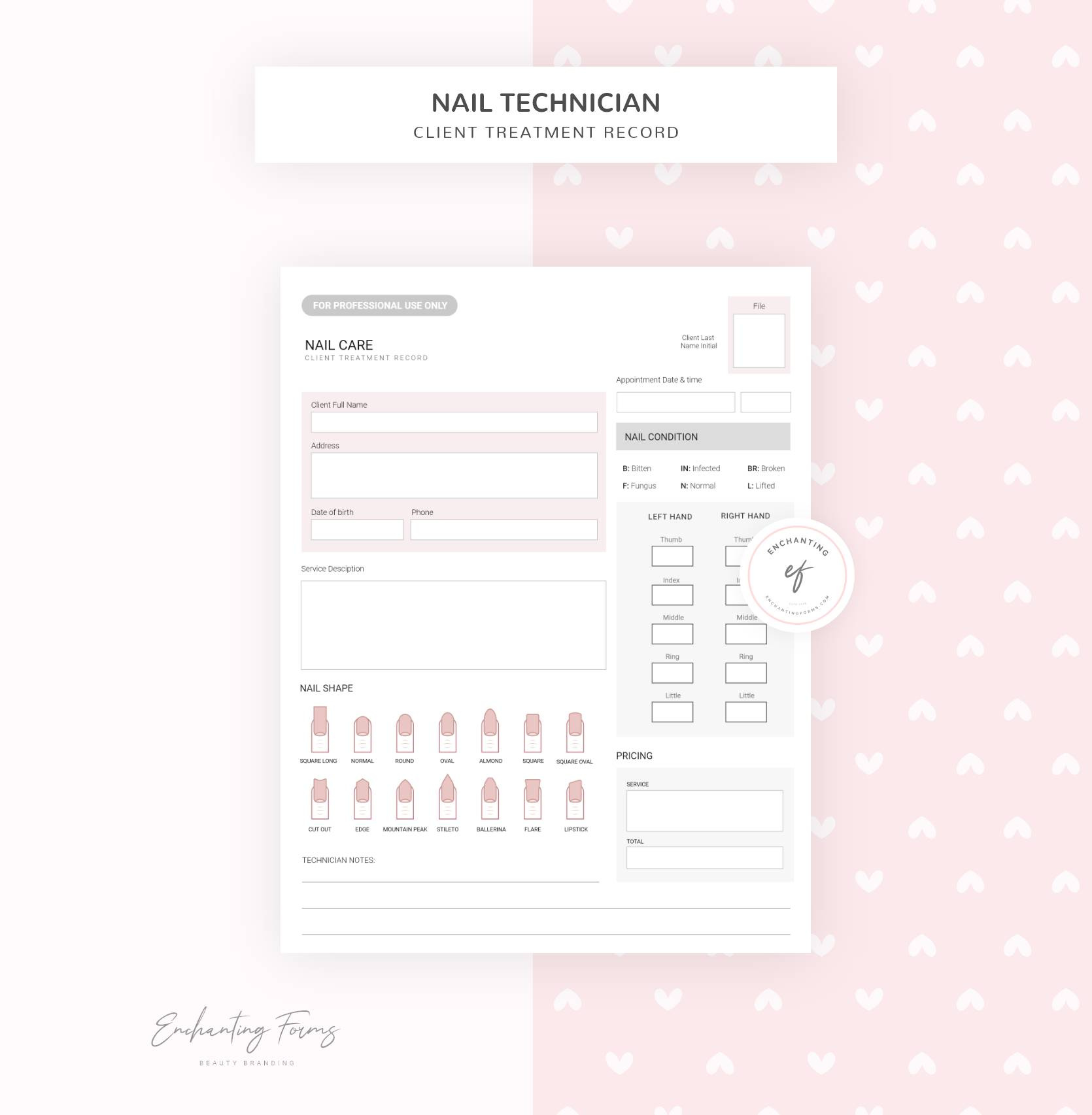 Nail Technician client treatment record manicure pink forms nail care client history nail service records treatment record