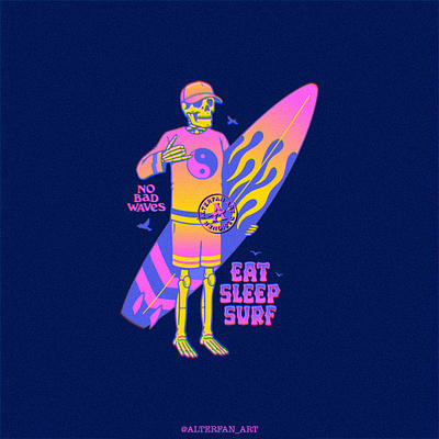 EAT SLEEP SURF alterfan artist cap coverart hat illustration ocean reaper sea shaka shorts skeleton skull sport summer surf surfer surfing vector waves
