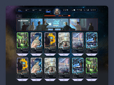 NFT Game Desktop App Auction Screen blockchain branding cardgame crypto crypto design cryptocurrency design futuristic game gamedesign illustration interface logo space ui