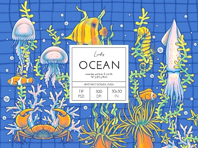 OCEAN - patterns & motifs baby children clipart design drawing graphic design hand drawn illustration kids marine life naustical nursery ocean pattern pattern design sea life seamless pattern surface design textile deign underwater world