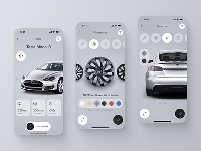 Car Customization App Concept app car car app cards clean customisation driving ecommerce electric car glassmorphism grey interface minimal mobile app design shopping silver store tesla ui ux