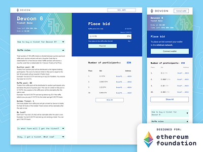 Devcon pre-sale auction & raffle - website UI bitcoin blockchain bold conference crypto cryptocurrency defi desktop devcon eth ethereum mobile responsive ui user interface ux web3 website