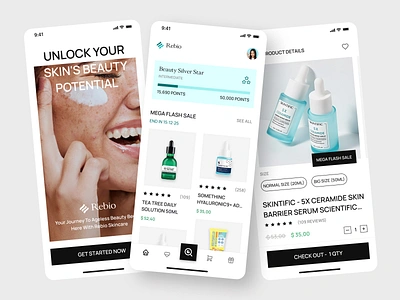 Rebio - Skincare Mobile App 🌟 app beauty beauty app beauty products comestics app cosmetology app creme ecommerce makeup mask mobile app design mobile design organic skincare product sass skin skincare skincare app treatment ui