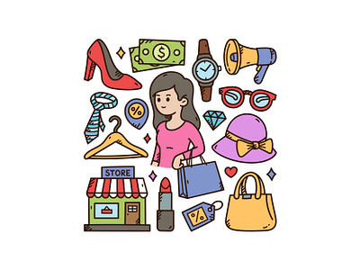 Shopping Doodle Set bag cute doodle icon illustration shopping vector womenbag womenhat