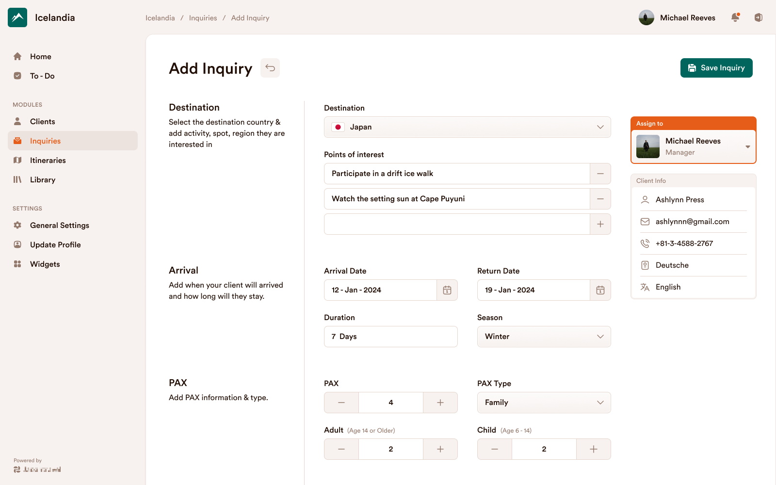 Dashboard - Inquiry Form application dashboard dashboard design figma flat flat design form inquiry inquiry form minimal minimal ui design product design saas travel ui ui design web application