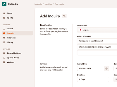 Dashboard - Inquiry Form application dashboard dashboard design figma flat flat design form inquiry inquiry form minimal minimal ui design product design saas travel ui ui design web application