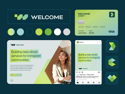 Welcome Tech app brand identity branding color credit debit education finance gradient health icon immigrant logomark overlay photography social technology typography web welcome
