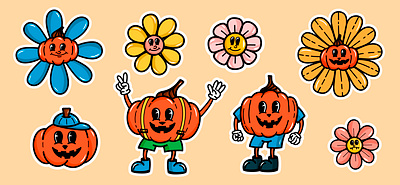 Halloween art childrens illustration design flowers groovy halloween happy illustrations illustrator pumpkin retro smile vector