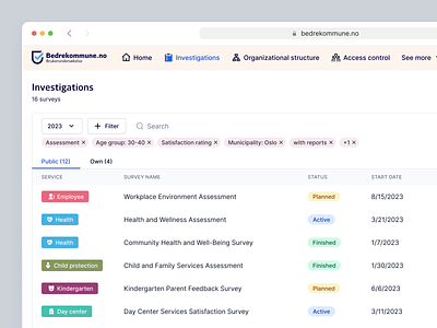Bedrekommune - Search and filter on tables 📑 advanced berlin categories chip custom filter list oslo product design saas search table tabs tag ui ux