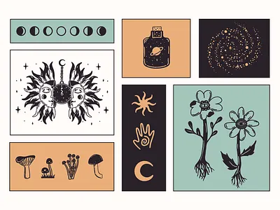 Hypno Galaxy branding eye flowers fortune galaxy hand drawn illustration magic moon moon phase mushrooms mystic palm reading space stars sun tarot