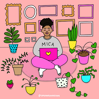 Plant Lady in her Element character illustration doodle drawing illustration laptop plant lady plants