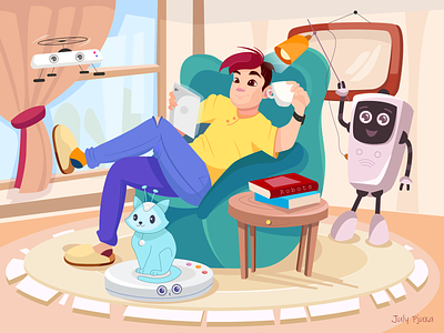 Our everyday life 📚☕️🤳 adobe illustrator charachter illustration julypjuxa robots vector vector artwork