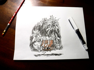 Beach Bungalow beach bungalow cabin drawing illustration ink palmtree sketch