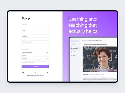 Sign up screen for EDEARN LMS Web App course upload learnging lms tutor web sign up