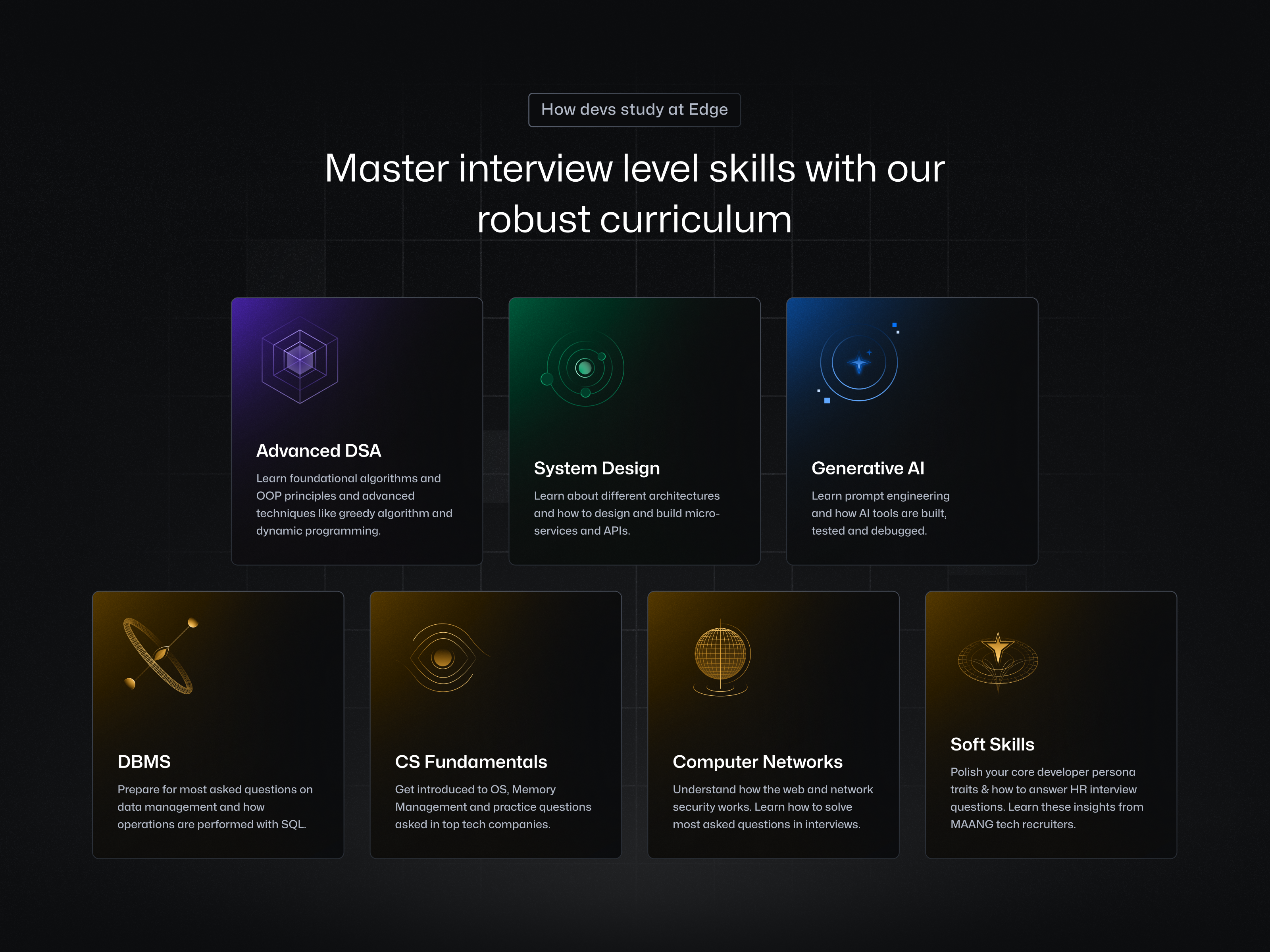 Coding Curriculum UI Cards abstract ai branding code computer curriculum dbms development dsa figma graphic design illustration interview network ship soft skills space system ui vector