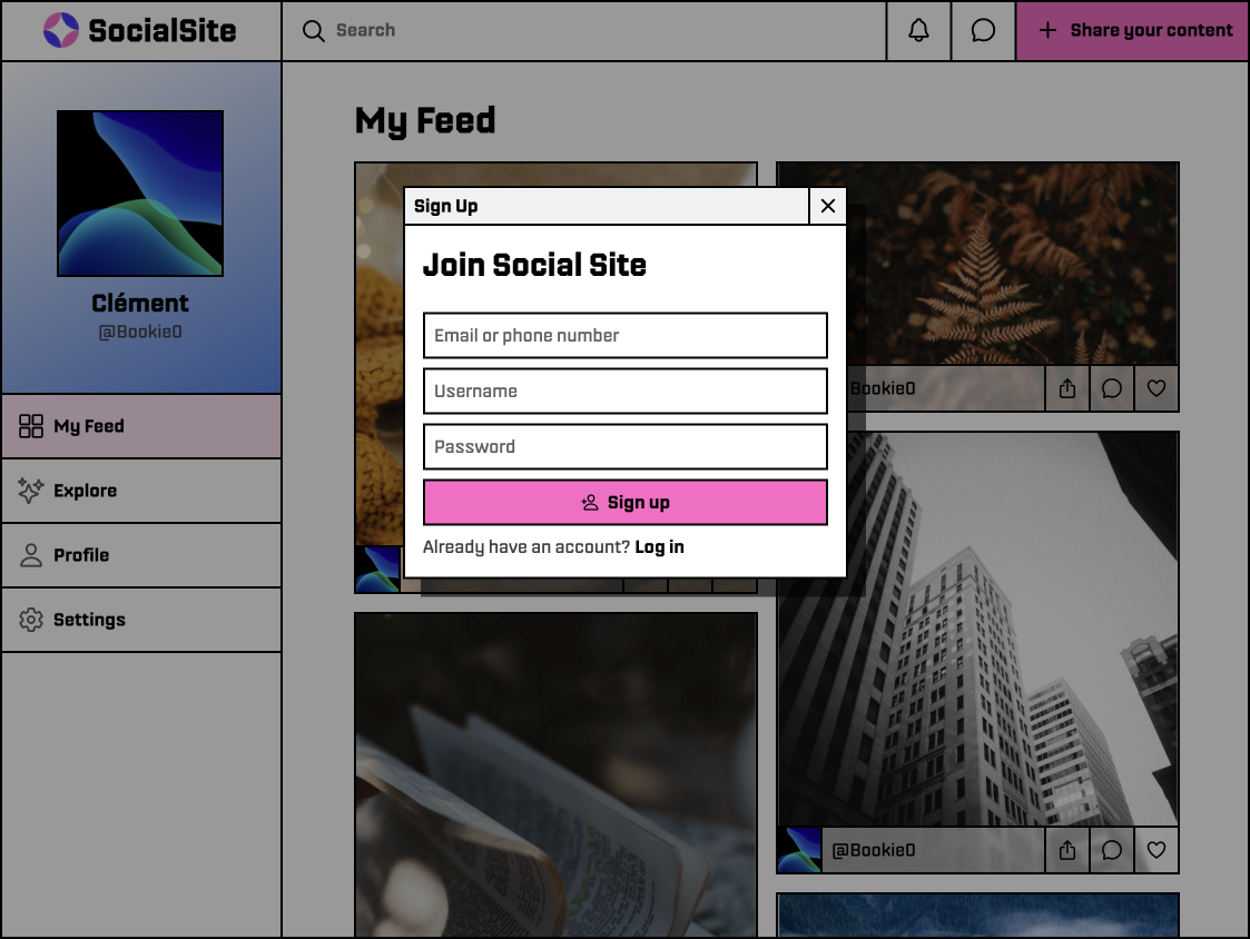 Retro Social Media Site blocky design figma geometry pink retro social media site ui