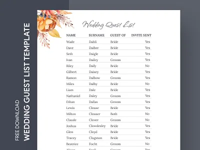 Autumn Wedding Guest List Free Google Docs Template autumn design docs document fall flowers free google docs templates free template free template google docs google google docs guest guests invitation list print printing template templates wedding
