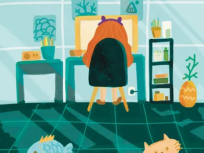 Study at Home art character cute feminim home illustration laptop monitor study woman