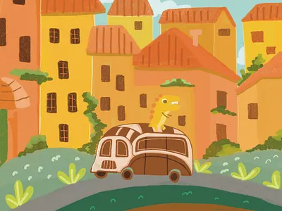 Traveling With Dino animation car character cute dino dinosaurus expression home illustration iluustration morning yard
