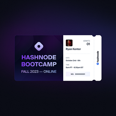 Dynamic ticket for Hashnode Bootcamp - Fall 2023 3d animation bootcamp branding design graphic design illustration logo motion graphics product design registration ticket ticket ticket design ui ux vector