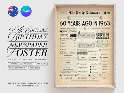 60th Editable Birthday Newspaper Poster graphic design