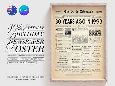 30th Editable Birthday Newspaper Poster graphic design