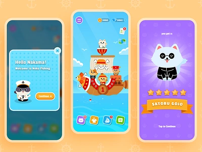 Neko Fishing - Game Exploration anime app branding cat colorful cute design figma fun game gameapp gamedesign gameui graphic design illustration mobiledesign typography ui ux vector