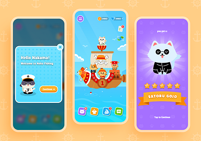 Neko Fishing - Game Exploration anime app branding cat colorful cute design figma fun game gameapp gamedesign gameui graphic design illustration mobiledesign typography ui ux vector