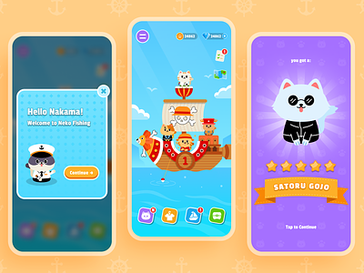 Neko Fishing - Game Exploration anime app branding cat colorful cute design figma fun game gameapp gamedesign gameui graphic design illustration mobiledesign typography ui ux vector