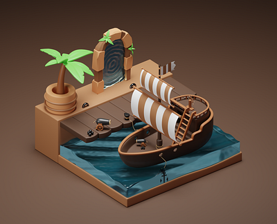 Pirates and Portal to New World 3d blender brown geometric illustration island isometric pirates portal ship travel