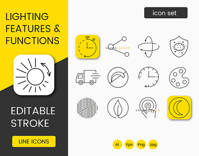 Lighting Features and Functions, Set of line icons operation set