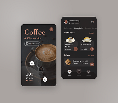 Coffee Shop App UI/UX Design ☕️ branding cafe coffee aplication coffee app coffee mobile design dark design dark mobile design graphic design mobile design ui