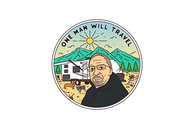 One Man Will Travel adventure apparel badge branding design emblem graphic design illustration label landscape line lineart logo logo design monoline patch pin shitr sticker tshirt