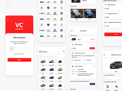 Vehicle Care App UI Design app ui design brands logo car brandsui car repair design car service app ui design carui illustration red app ui red color app ui design ui design uiux design ux design vector