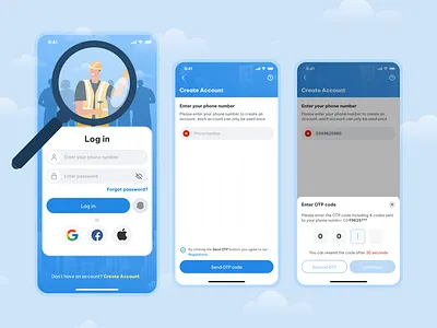 Log in and receive OTP code in the application to find repairmen 3d animation app basic blue create account design find work flat graphic design illustration log in login mobile otp ui worker