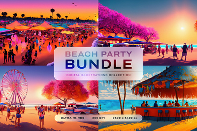 Beach Party Illustrations Bundle beach collection design digital high definition high quality illustration bundle illustrations painting party vibrant